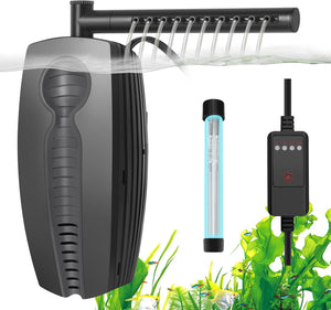 Aquarium filter system with powerhead, thermometer, and control panel on a white background at Pet Servo