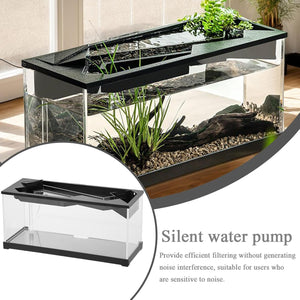 Modern fish tank with a silent water pump feature, placed on a wooden surface at Pet Servo