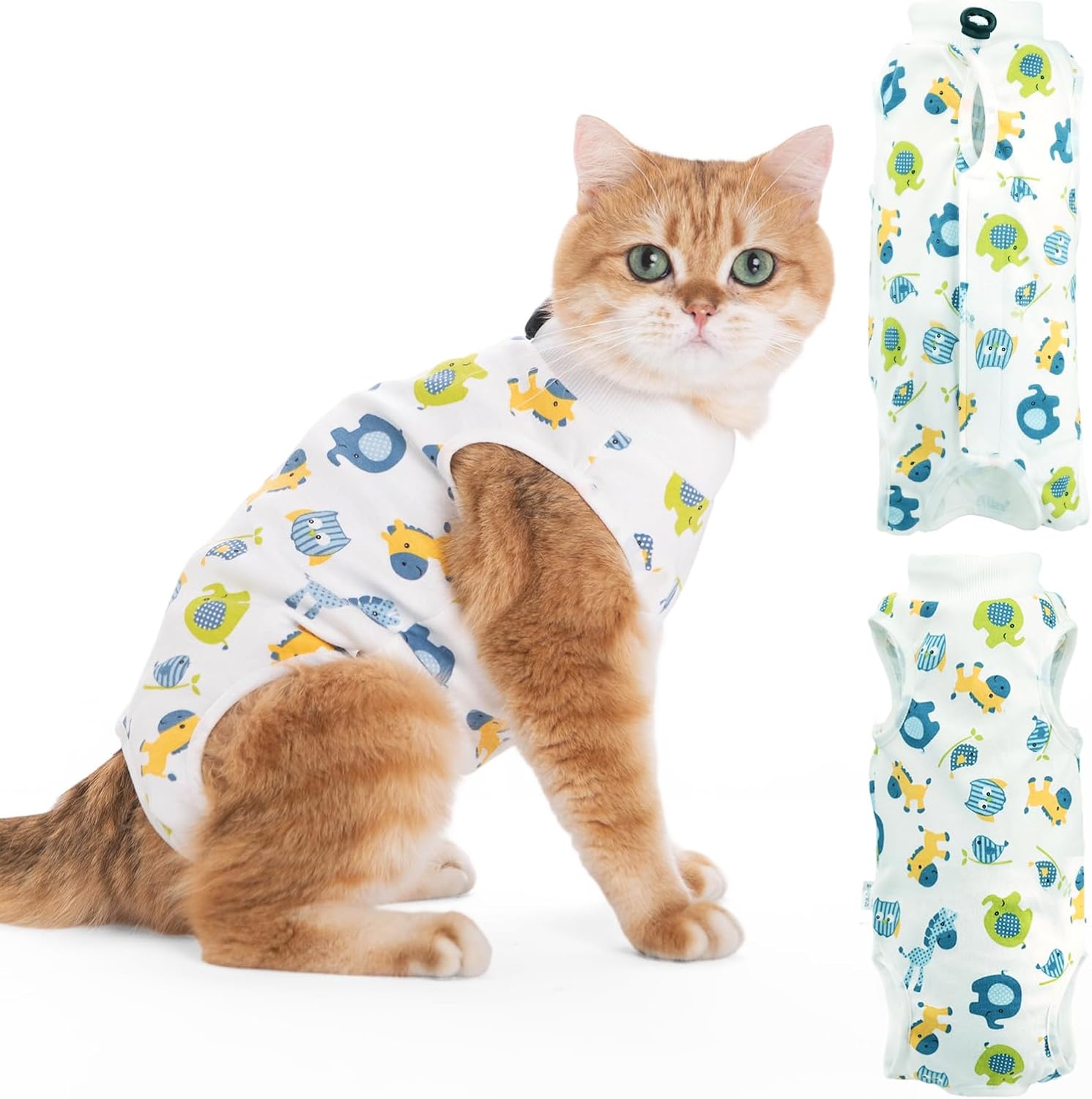 Cat wearing a patterned pet diaper with two additional diapers displayed at Pet Servo