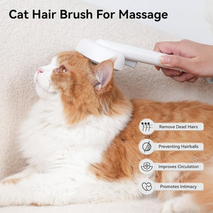 Cat being groomed with a cat hair brush on a soft surface, with text indicating benefits at Pet Servo
