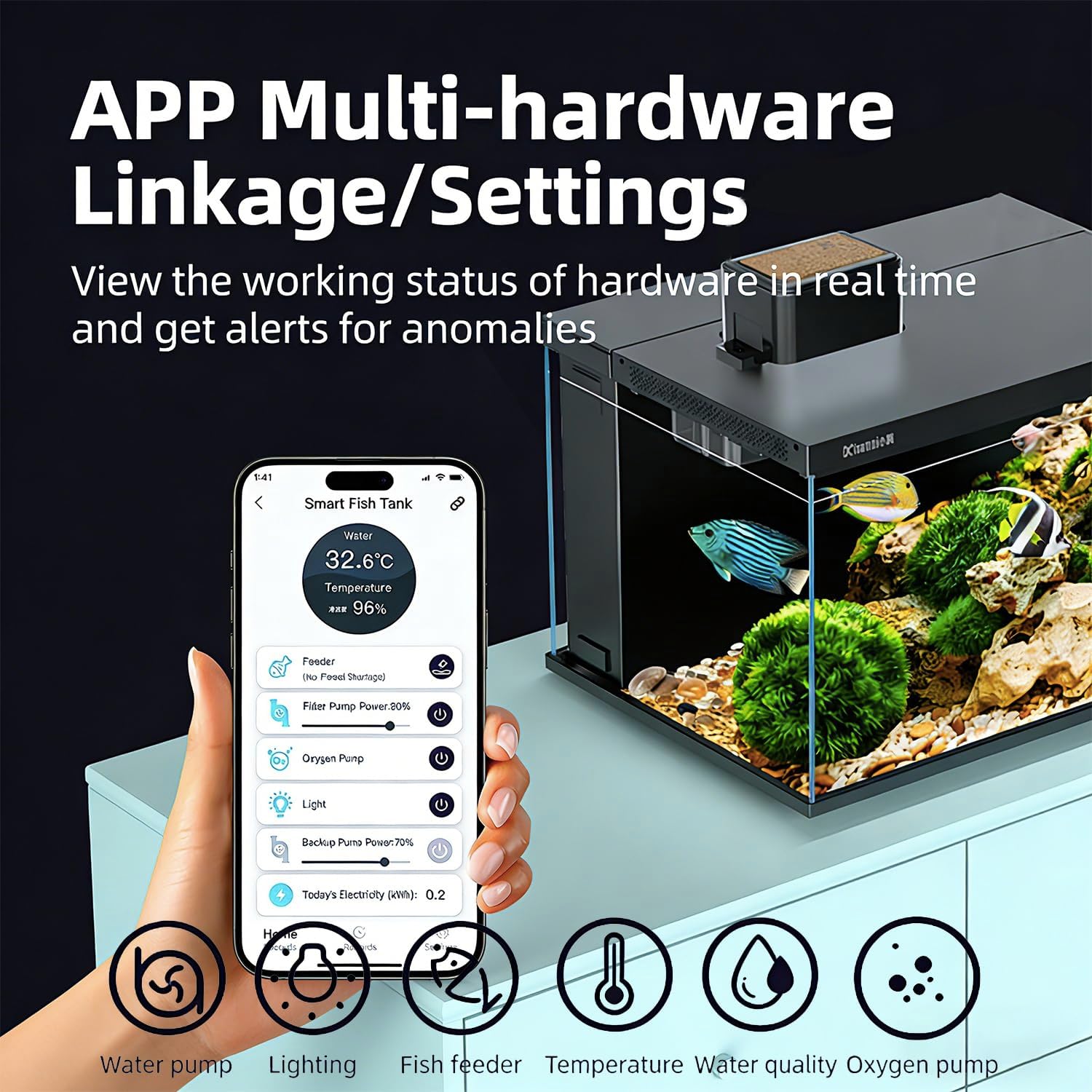 Smart fish tank with app interface showing real-time hardware status and alerts at Pet Servo