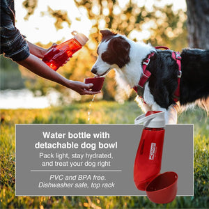 Dog drinking from a red water bottle with detachable dog bowl in a natural setting at Pet Servo