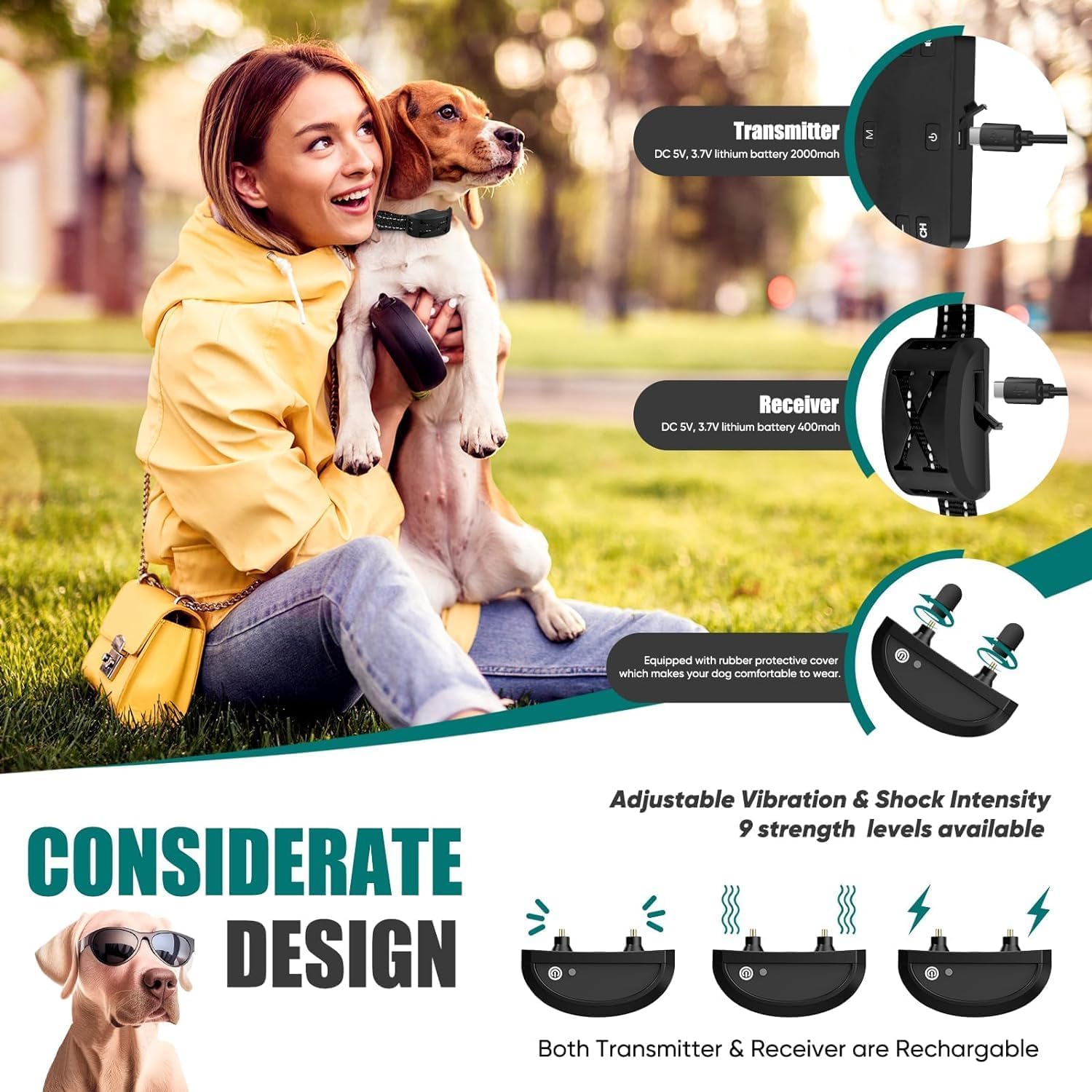 Woman holding a dog with a pet training device, showing transmitter and receiver components at Pet Servo