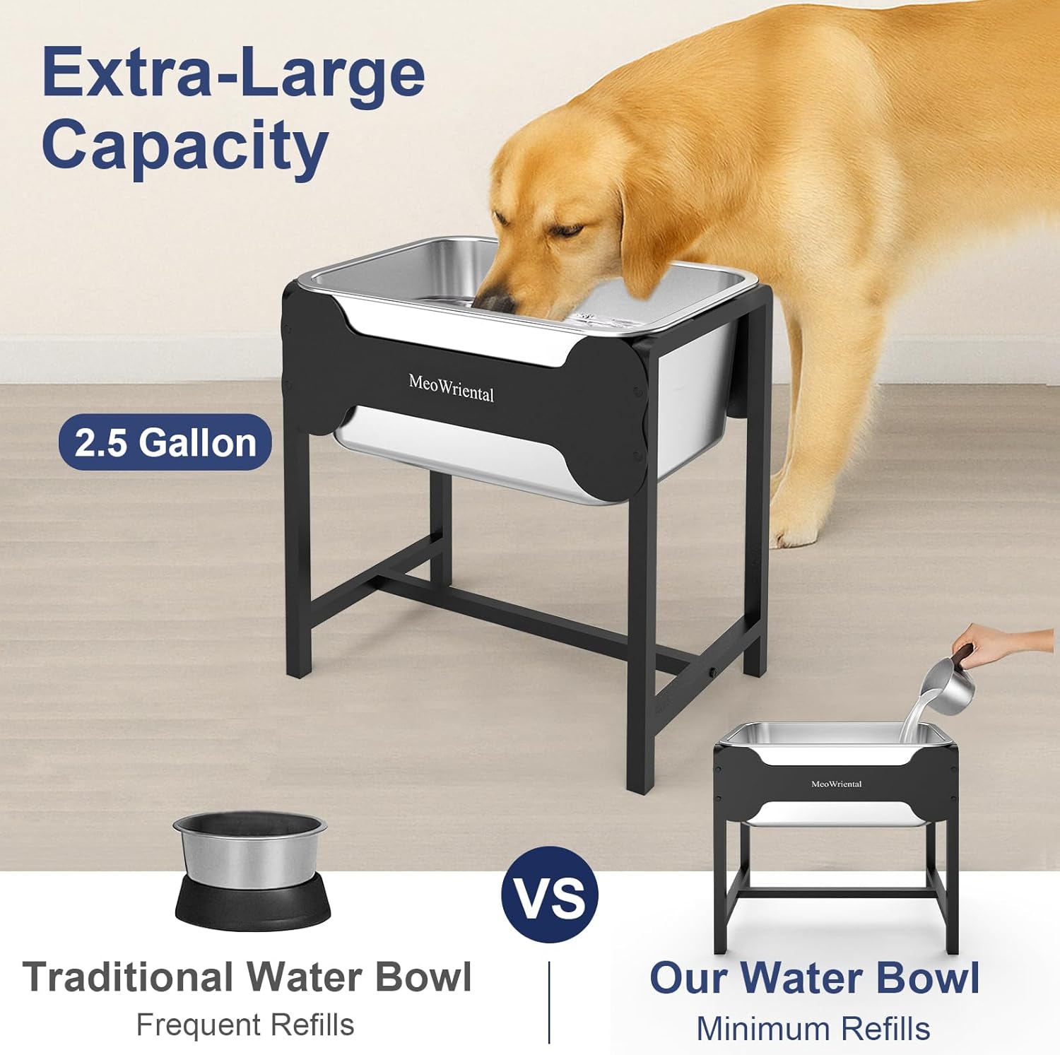 Dog drinking from a large water bowl with text highlighting capacity and features at Pet Servo