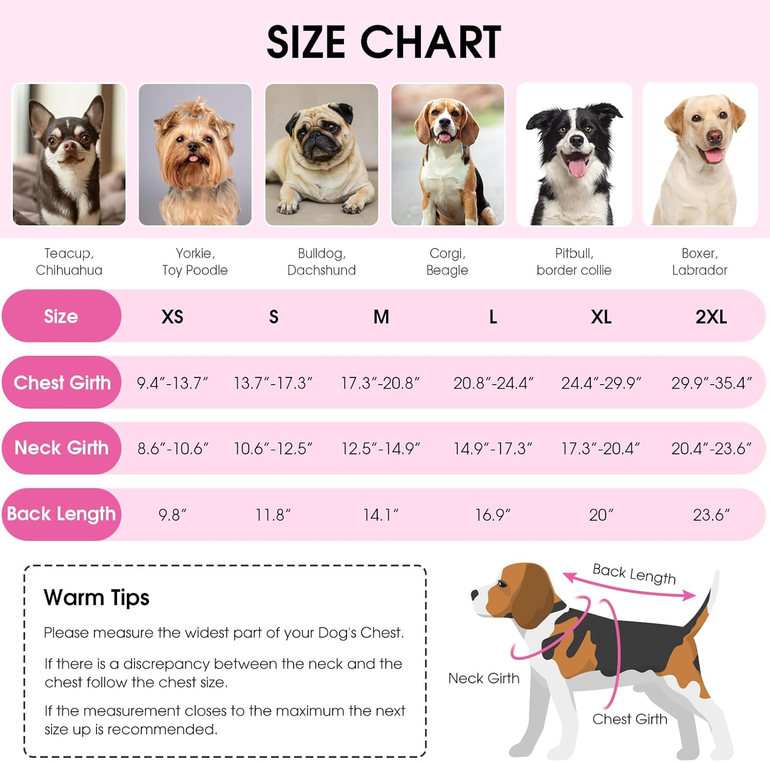 Dog size chart with images of different dog breeds and measurements on a pink background at Pet Servo