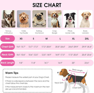 Dog size chart with images of different dog breeds and measurements on a pink background at Pet Servo