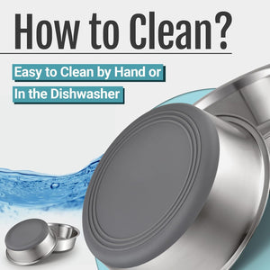 Stainless steel containers with gray lids and text on cleaning methods at Pet Servo