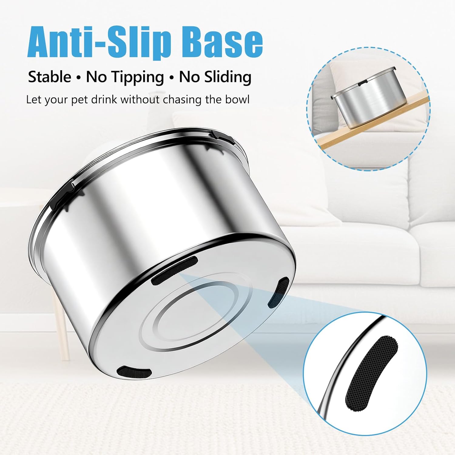 Stainless steel pet bowl with anti-slip base feature on a white background at Pet Servo