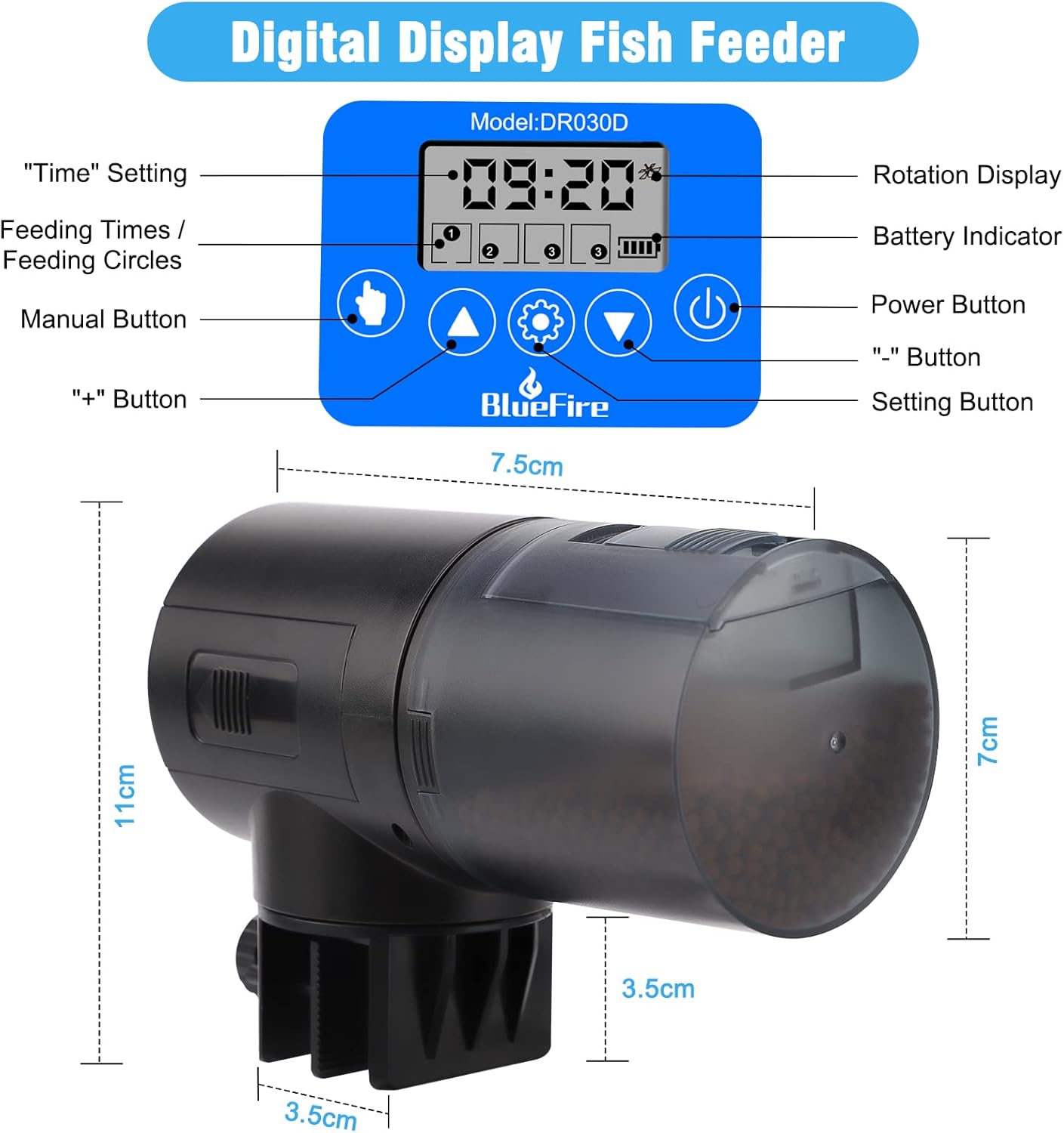 Digital display fish feeder with Bluefire branding and specifications at Pet Servo