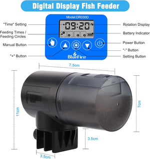 Digital display fish feeder with Bluefire branding and specifications at Pet Servo