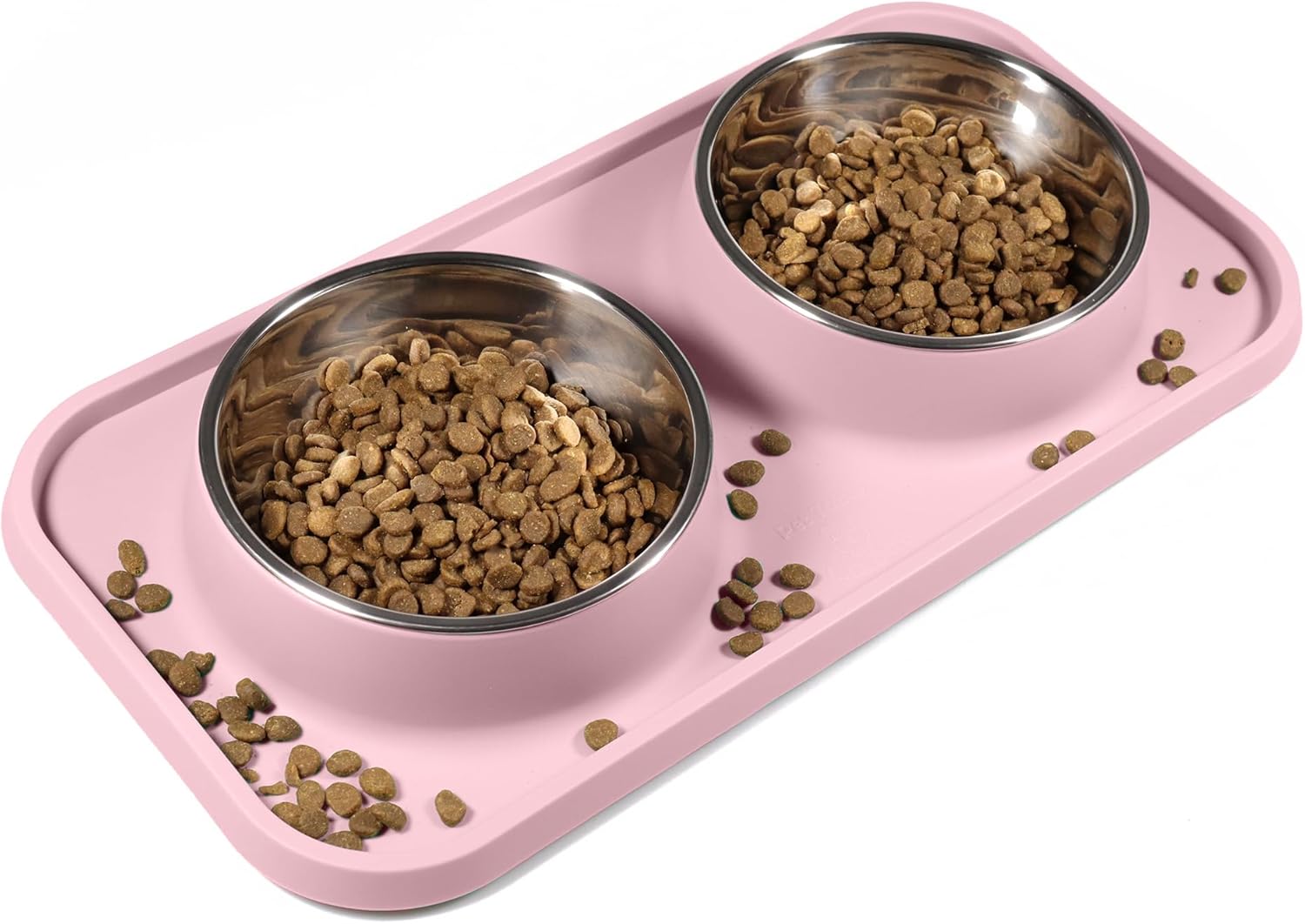 Pink pet feeding tray with two metal bowls filled with kibble on a white background at Pet Servo