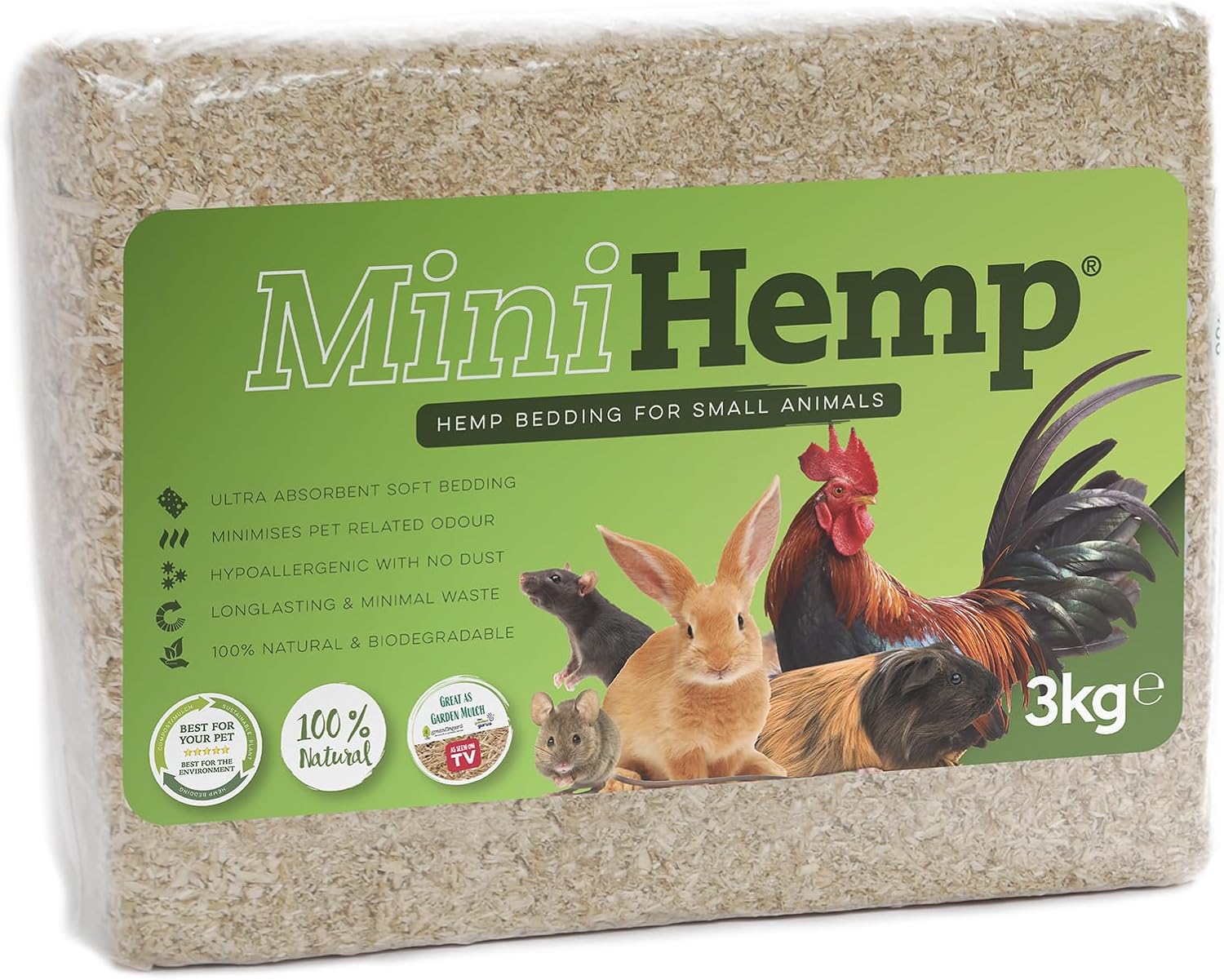 Package of Mini Hemp hemp bedding for small animals with images of animals on a green label at Pet Servo