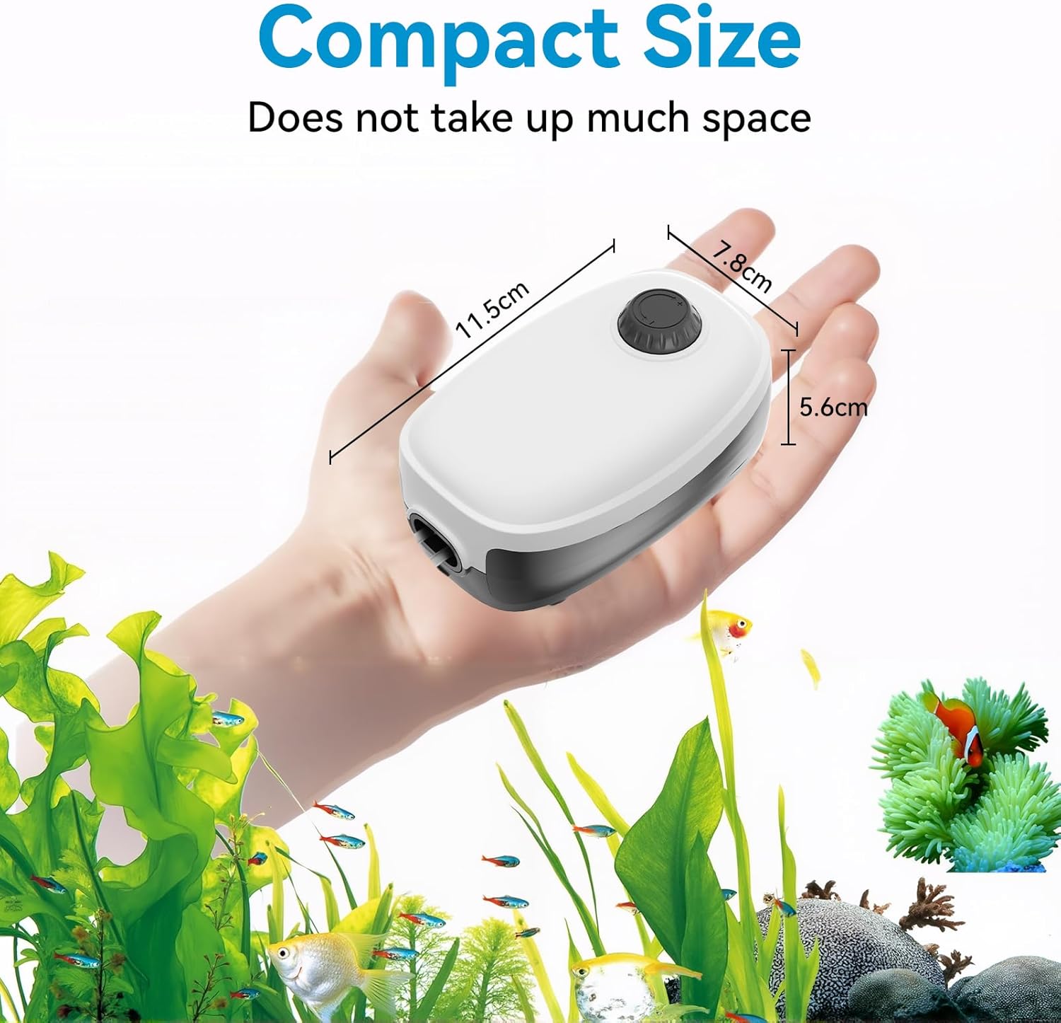 Compact aquarium air pump held in a hand with dimensions displayed, set against an aquarium background at Pet Servo