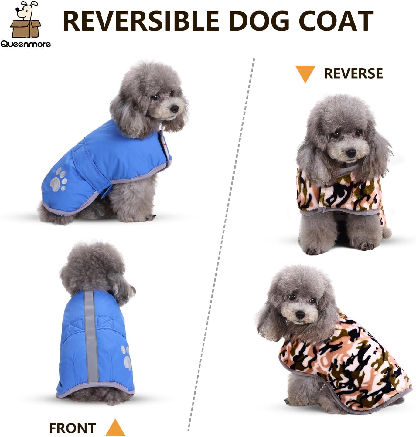 Reversible dog coat with blue front and animal print back, shown on a white background at Pet Servo