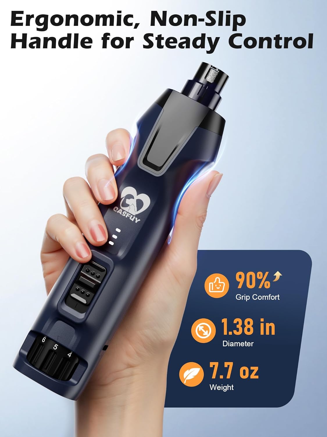 Hand holding a grooming tool with ergonomic design, labeled 'OASISLAVY' at Pet Servo