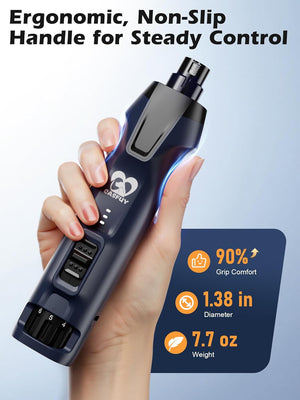 Hand holding a grooming tool with ergonomic design, labeled 'OASISLAVY' at Pet Servo