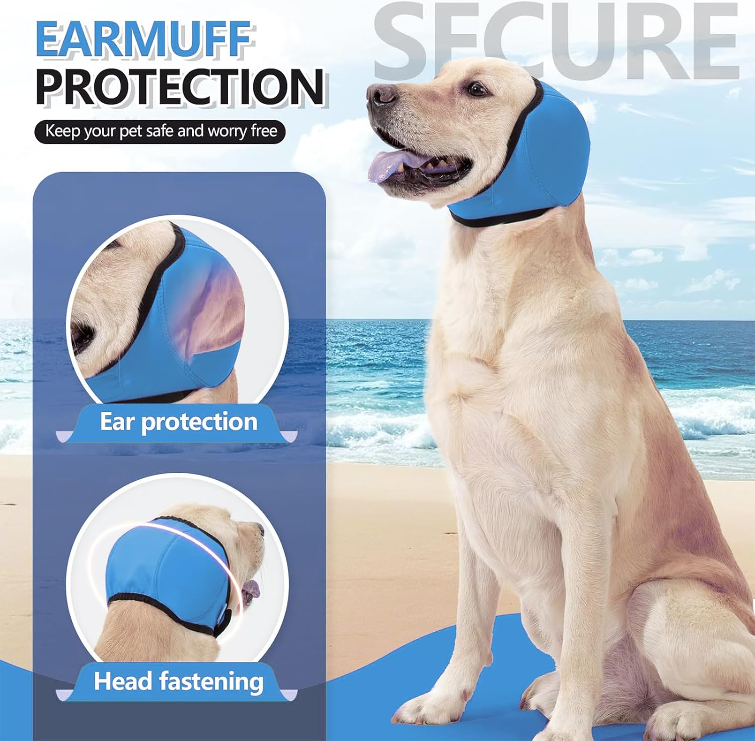 Dog wearing a blue ear protection device with text about ear protection and head fastening, set against a beach background at Pet Servo