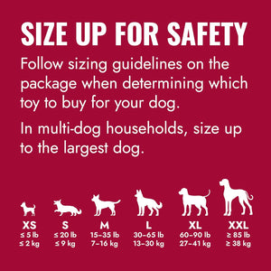 Dog toy sizing chart on a red background with text advising on appropriate toy size for dogs at Pet Servo