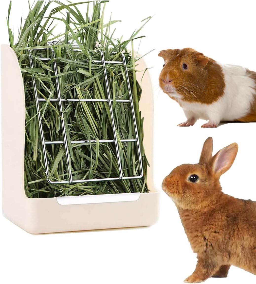 Hay feeder with fresh hay and two rabbits on a white background at Pet Servo