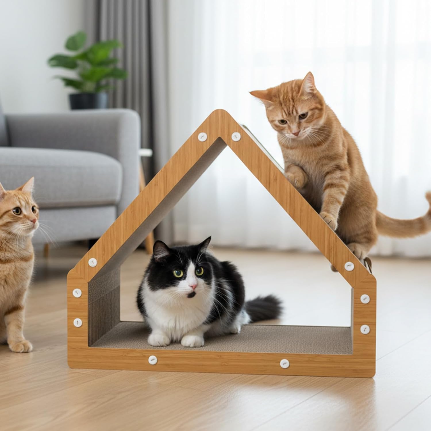 A house-shaped cat scratcher with a light wood frame and gray scratching panels, shown in a bright living room with three cats around it at Pet Servo