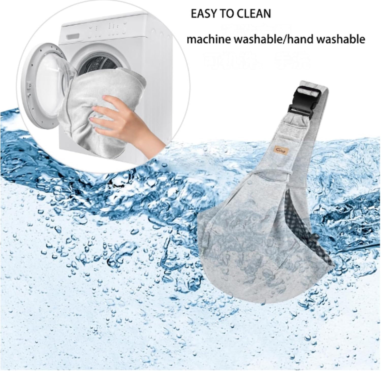 Product being washed in a washing machine with water splashes and text indicating ease of cleaning at Pet Servo