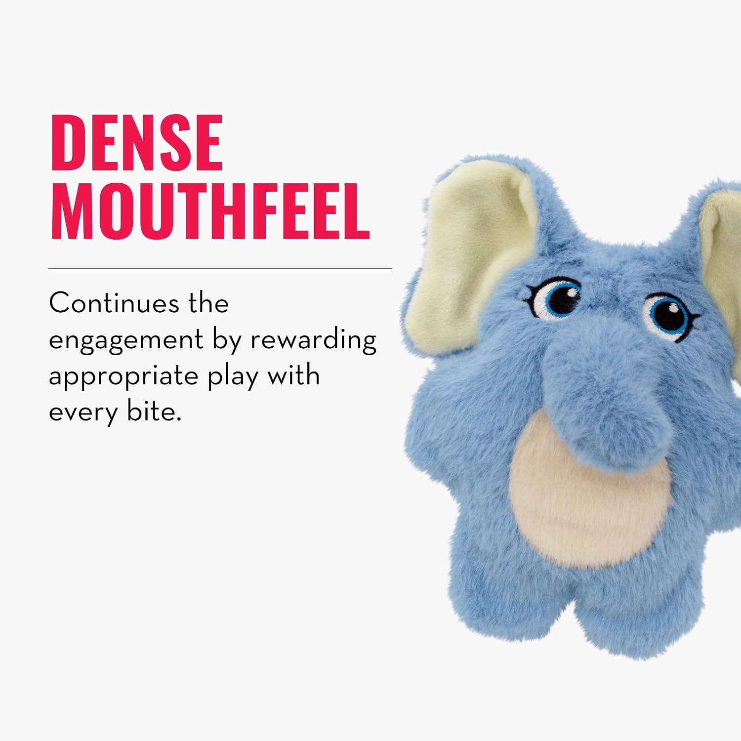 A blue plush elephant toy with beige ears and belly, shown on a light gray background with promotional text reading 'DENSE MOUTHFEEL' and a description about rewarding appropriate play with every bite at Pet Servo