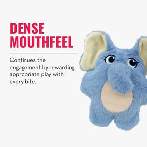 A blue plush elephant toy with beige ears and belly, shown on a light gray background with promotional text reading 'DENSE MOUTHFEEL' and a description about rewarding appropriate play with every bite at Pet Servo