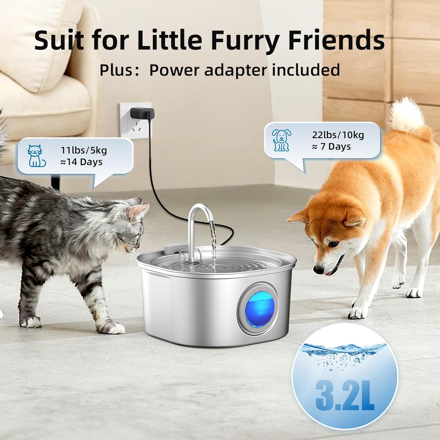 Pet water fountain with a cat and dog using it, text indicating suitability for small pets and power adapter inclusion at Pet Servo