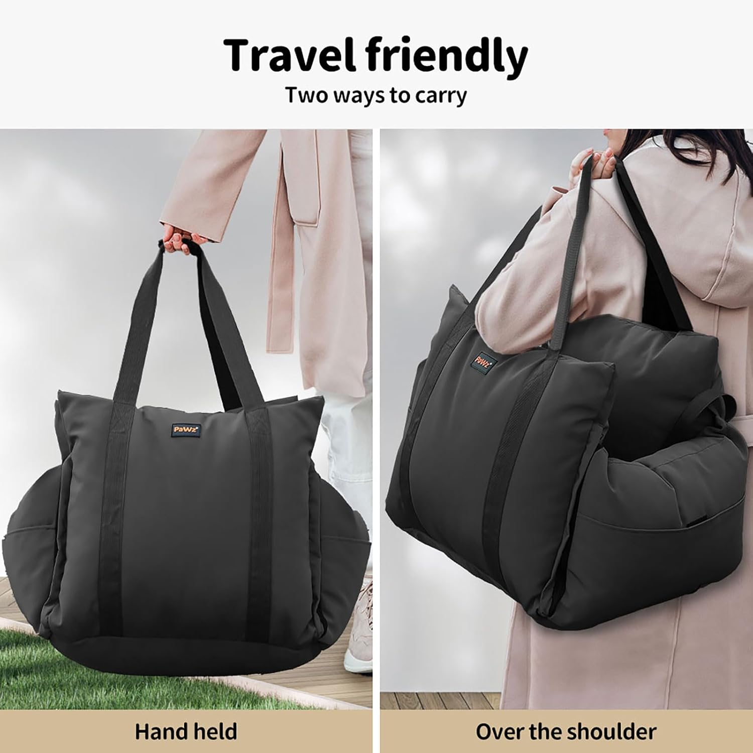 A black reusable travel tote bag shown in two carrying styles: handheld on the left and over the shoulder on the right. The image includes the text 'Travel friendly' and 'Two ways to carry' at the top, with 'Handheld' and 'Over the shoulder' labels at the bottom at Pet Servo