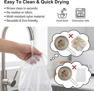 Reusable mesh strainer being rinsed under a faucet with text highlighting its features at Pet Servo