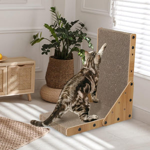 A cat stands on a wooden scratching wall perch in a bright room with white walls, window blinds, a potted plant, and a small cabinet at Pet Servo