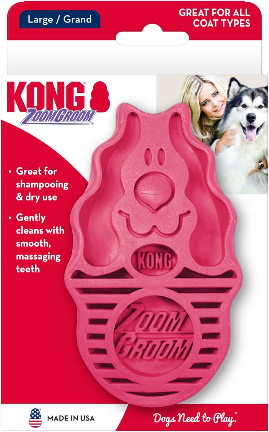 Pink KONG ZoomGroom dog grooming tool on a red and white packaging background at Pet Servo
