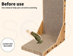 A cat scratching stand made of natural wood and sisal rope, shown on a light beige background with promotional text reading 'Before use' and a note that 'CATNIP NOT INCLUDED.' A wooden scoop filled with green catnip is placed on the stand as a demonstration prop at Pet Servo