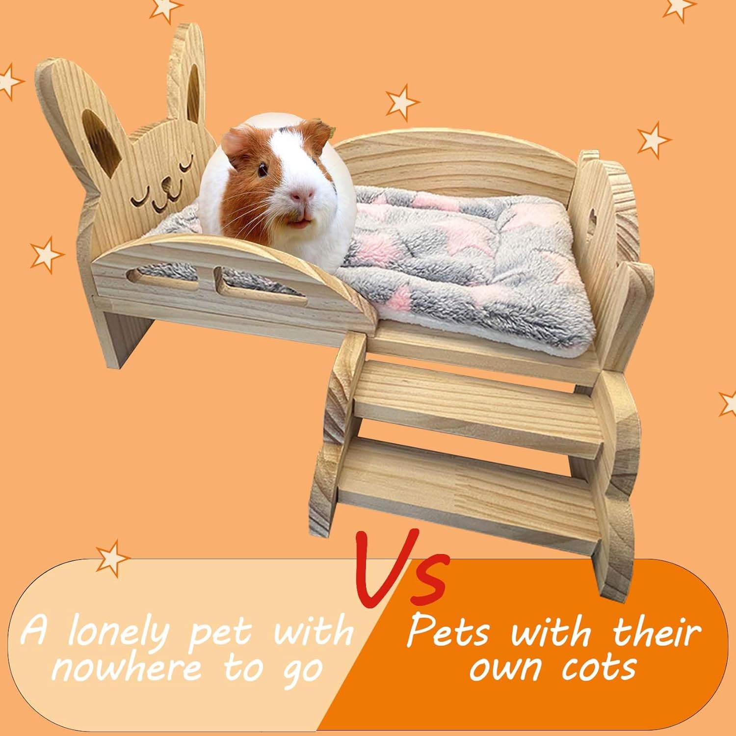 Small animal bed with a guinea pig on an orange background, featuring text about pets and their own cots at Pet Servo