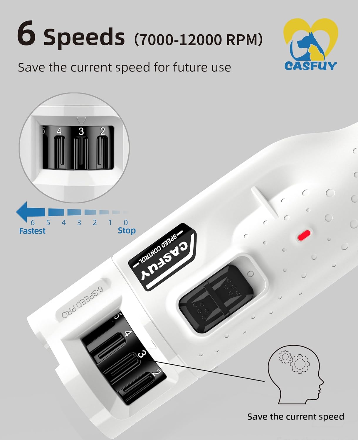 Casfuy - Dog Nail Grinder Quiet - (45db) 6-Speed Pet Nail Grinder with 2 LED Lights