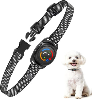 Black electronic dog collar with a small white dog wearing it on a white background at Pet Servo