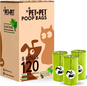 Box of Pet 'N Pet poop bags with three green rolls on a white background at Pet Servo