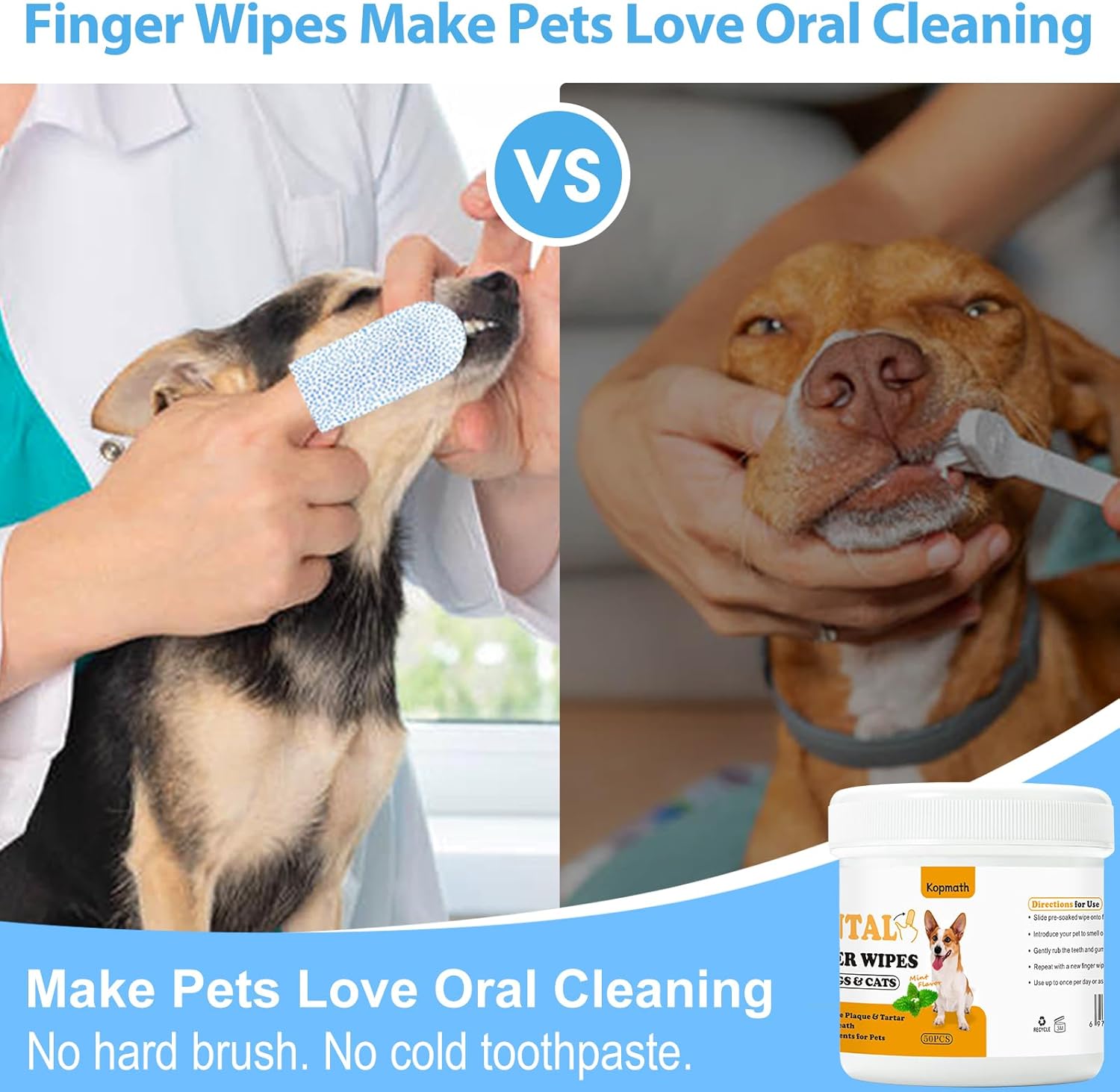 Comparison of using finger wipes versus a toothbrush for pet oral care with a product container displayed at Pet Servo