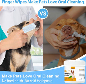 Comparison of using finger wipes versus a toothbrush for pet oral care with a product container displayed at Pet Servo