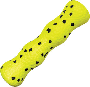 A textured, bone-shaped dog toy in bright neon yellow with black rubber spots, shown on a plain white background at Pet Servo