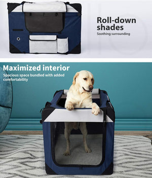 Pet carrier with roll-down shades and maximized interior, featuring a dog inside at Pet Servo