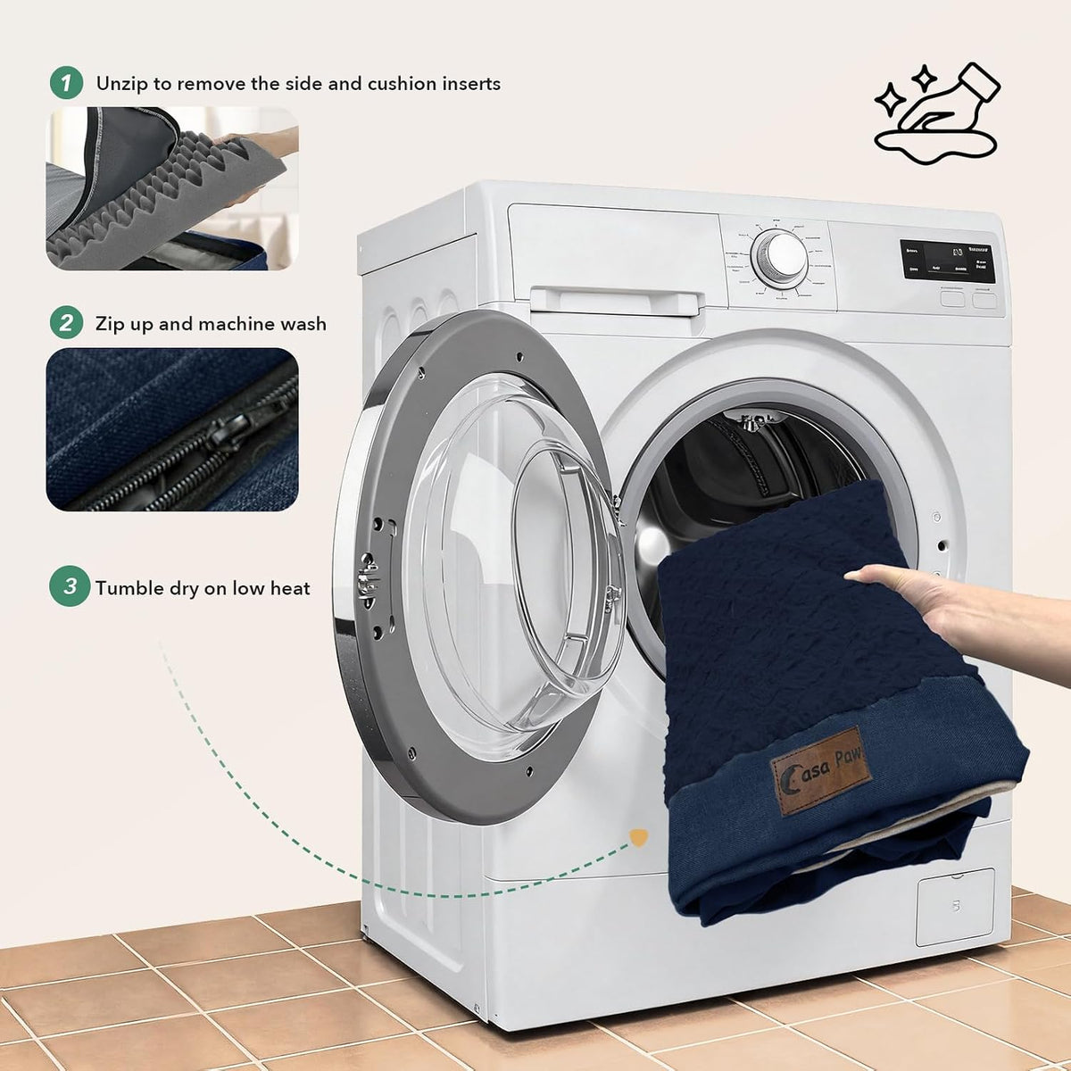 Person removing a blue quilted cover from a washing machine with step-by-step instructions on how to clean it at Pet Servo