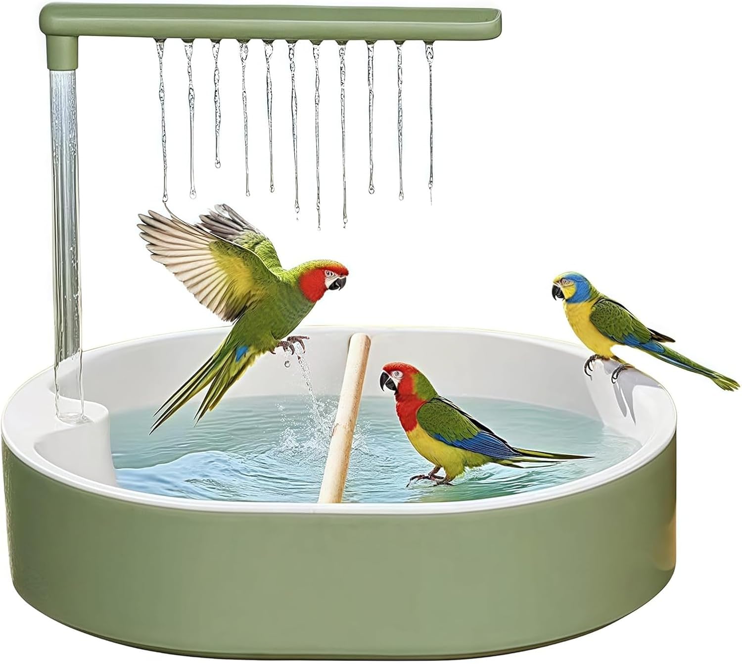 Pet playpen with water feature and birds interacting, on a white background at Pet Servo