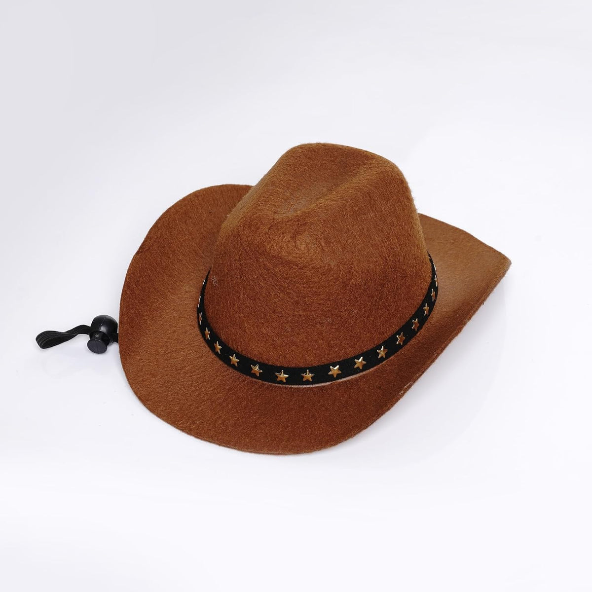 A brown felt cowboy hat with a black band decorated with gold stars and a black drawstring, shown on a white background at Pet Servo