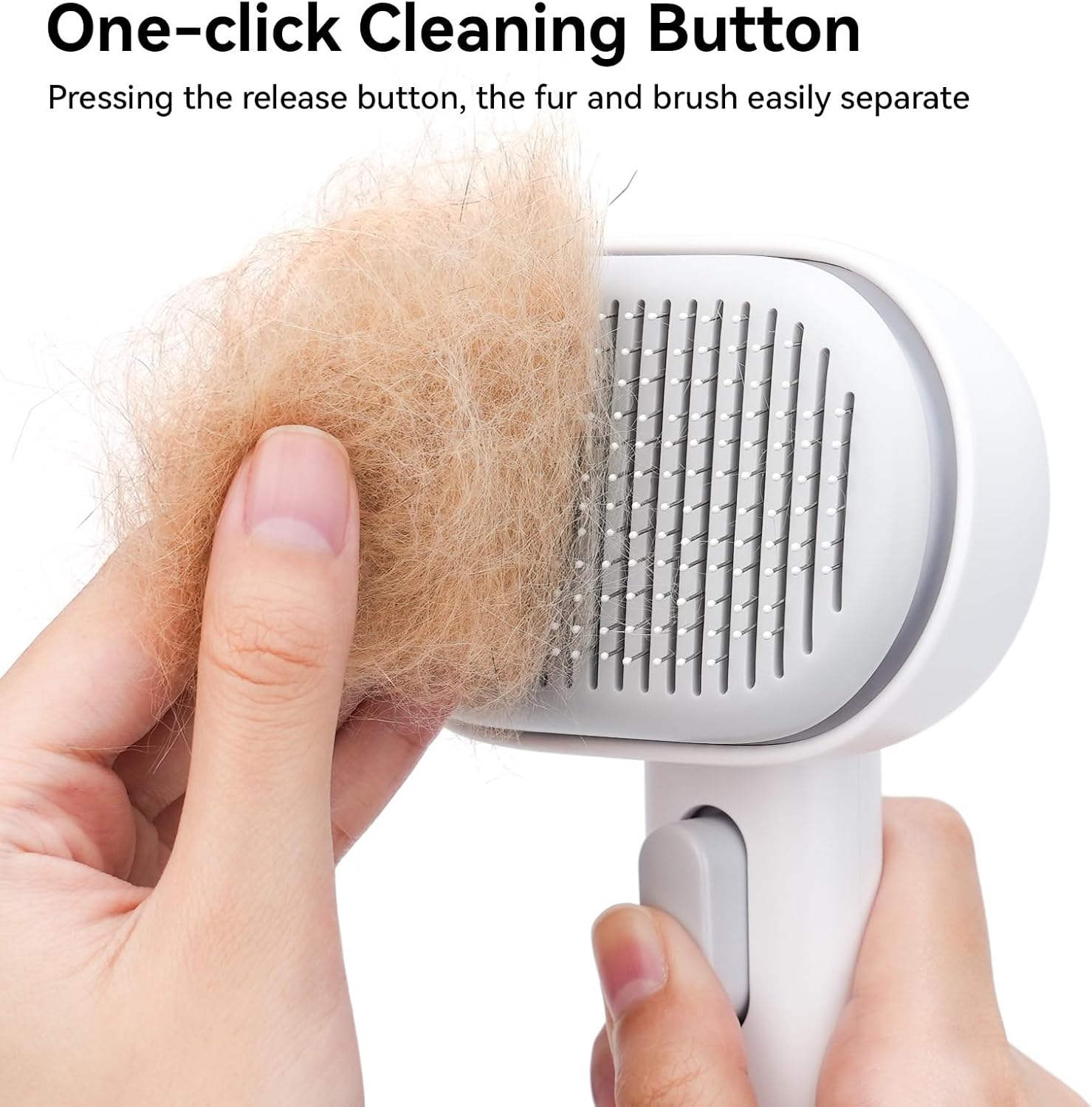 Pet grooming brush with one-click cleaning button and fur removal demonstration at Pet Servo