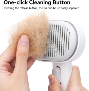 Pet grooming brush with one-click cleaning button and fur removal demonstration at Pet Servo