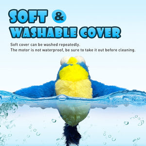 Blue and yellow toy bird with text about a soft and washable cover at Pet Servo
