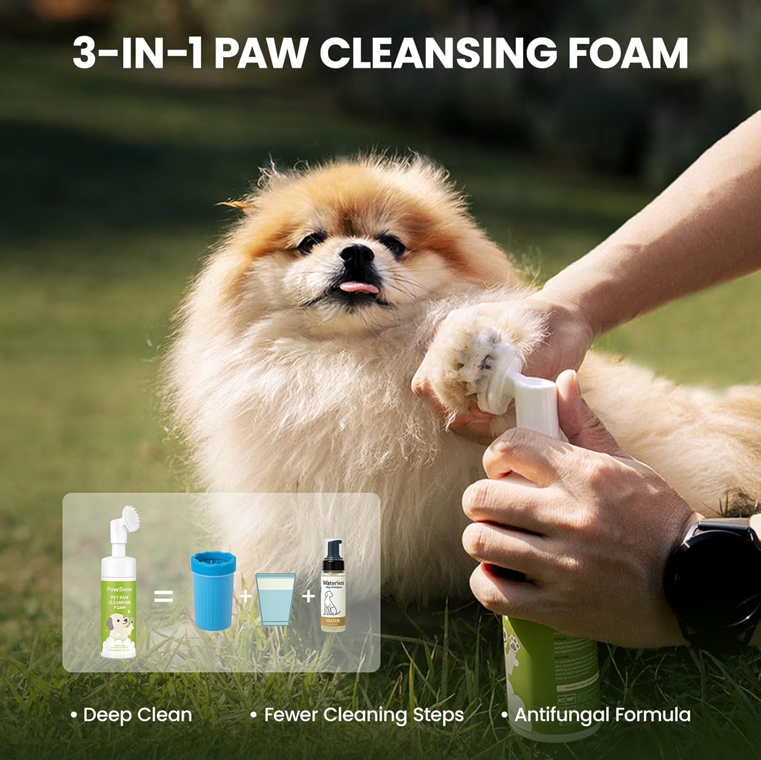 Dog being cleaned with paw cleansing foam in a grassy outdoor setting at Pet Servo