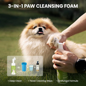 Dog being cleaned with paw cleansing foam in a grassy outdoor setting at Pet Servo
