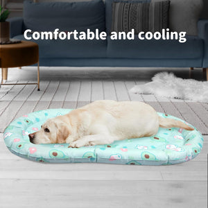 Dog lying on a cooling pad in a living room with text 'Comfortable and cooling' at Pet Servo